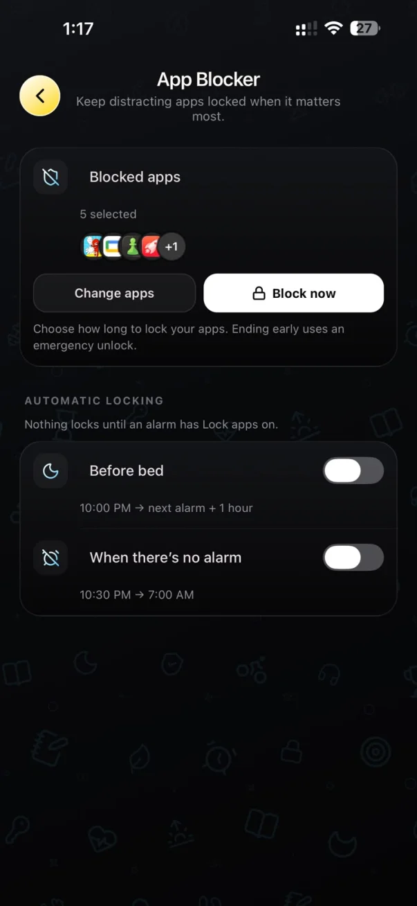 BEGIN App Blocker screen: five blocked apps, a Block now button, and automatic locking before bed or when there's no alarm