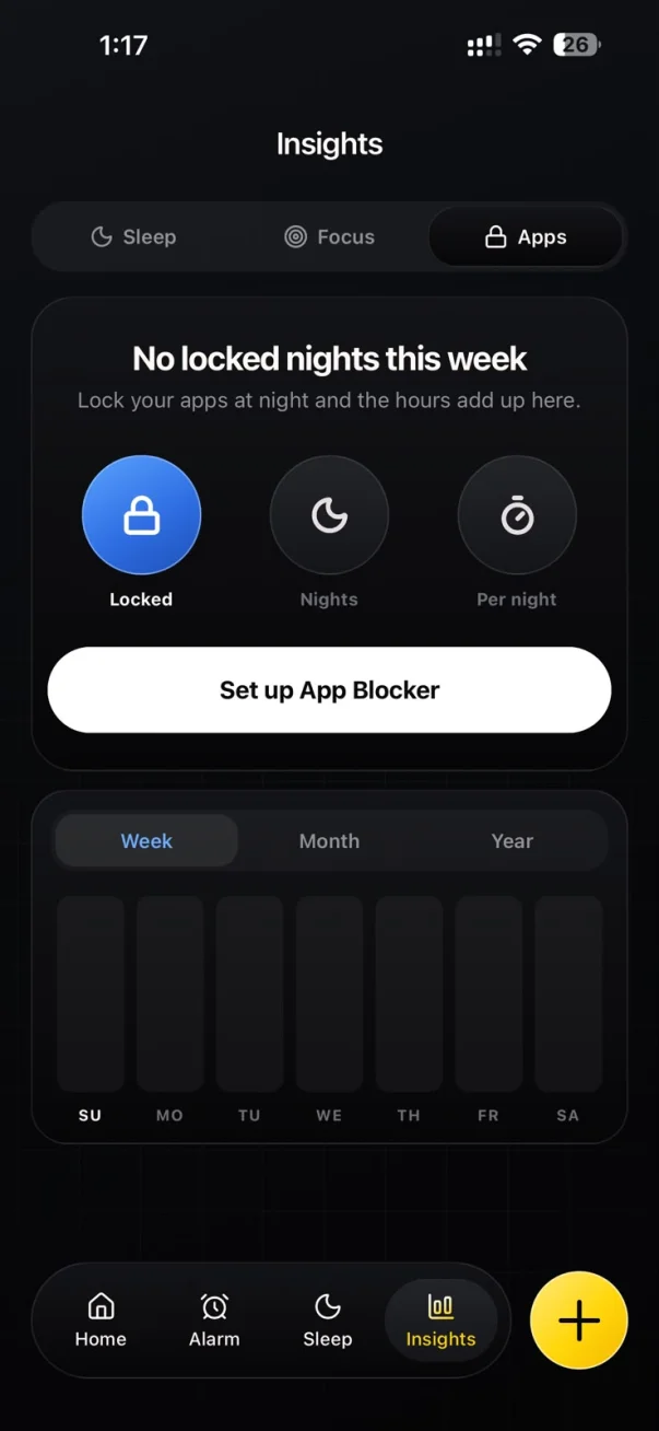 BEGIN Insights, Apps tab: locked hours, nights and time per night, with a weekly chart