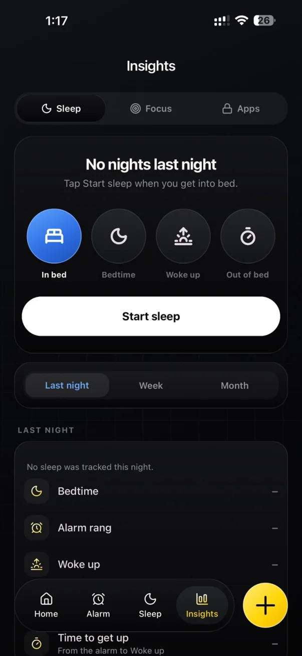 BEGIN Insights, Sleep tab: in bed, bedtime, woke up and out of bed, with a Start sleep button