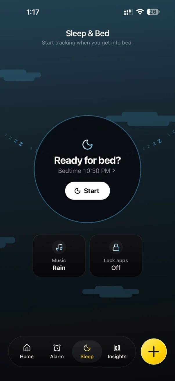 BEGIN Sleep & Bed screen: ready for bed at a 10:30 PM bedtime, with rain sounds and app lock