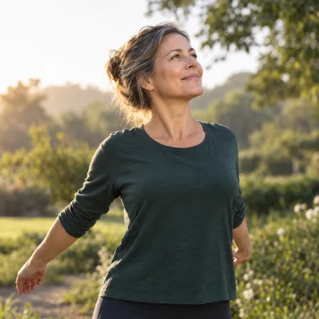 A woman enjoying a gentle morning mobility break outdoors